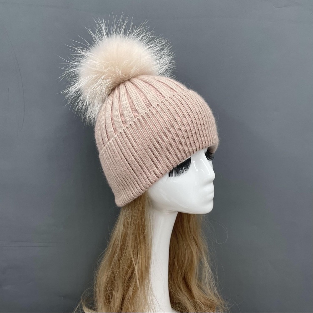 Angora wool beanie with real fur pom pom